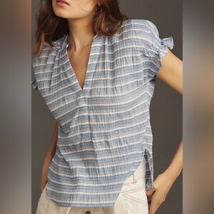 Anthropologie Pilcro The Tatum Flutter Sleeve Blouse Size M Blue & White Stripe